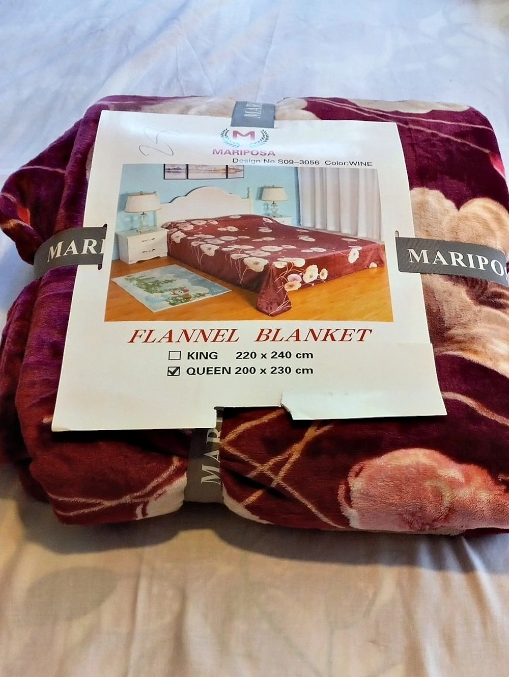 Mariposa Flannel Blanket Floral Burgundy & Pink Queen size